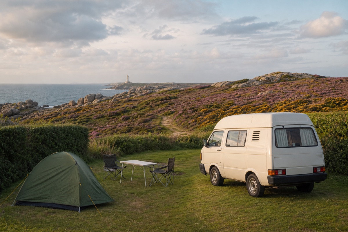 Tente et van aménagé sur un emplacement de camping en bord de mer en Bretagne, face aux rochers de granit et à un phare